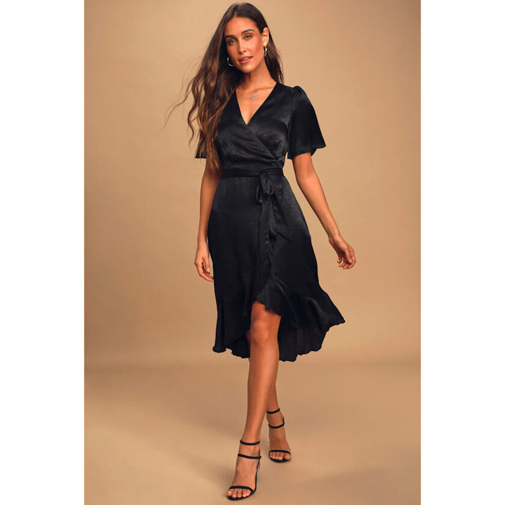 Lulus Wrapped Up In Love Black Satin Faux-wrap Midi Dress - Size M